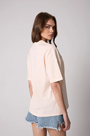 Kadın T-Shirt Puda Pembe Culture Nakışlı Oversize Basic - 2508