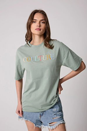 Kadın T-Shirt Yeşil Culture Nakışlı Oversize Basic - 2508