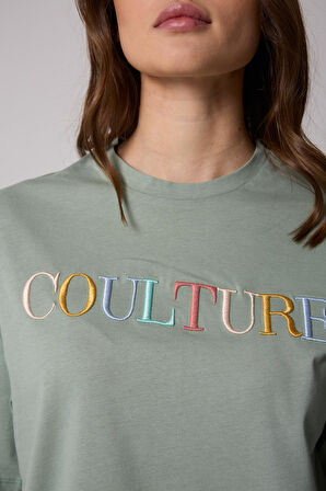 Kadın T-Shirt Yeşil Culture Nakışlı Oversize Basic - 2508