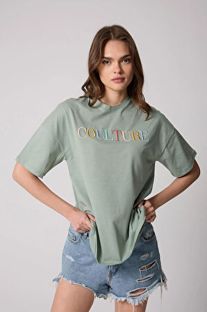 Kadın T-Shirt Yeşil Culture Nakışlı Oversize Basic - 2508
