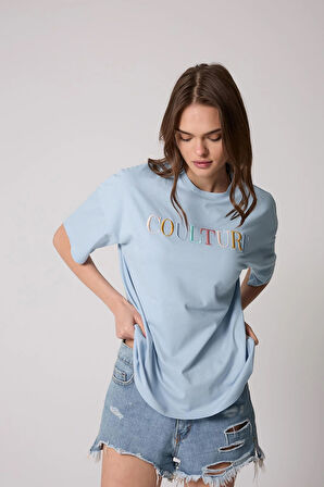 Kadın T-Shirt Mavi Culture Nakışlı Oversize Basic - 2508