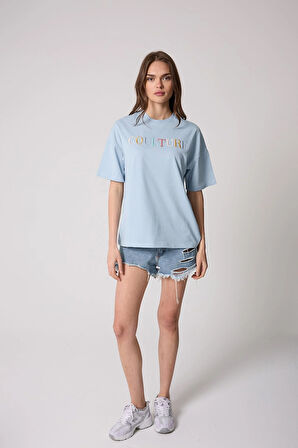 Kadın T-Shirt Mavi Culture Nakışlı Oversize Basic - 2508