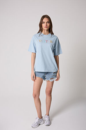 Kadın T-Shirt Mavi Culture Nakışlı Oversize Basic - 2508
