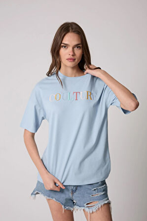 Kadın T-Shirt Mavi Culture Nakışlı Oversize Basic - 2508