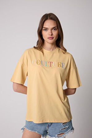Kadın T-Shirt Sarı Culture Nakışlı Oversize Basic - 2508
