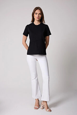 Kadın T-Shirt Siyah Parçalı Dikiş Detaylı Regular Fit Basic - 2509