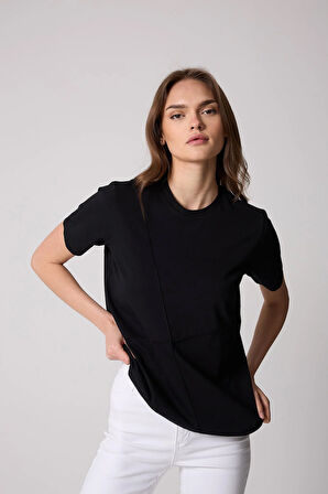Kadın T-Shirt Siyah Parçalı Dikiş Detaylı Regular Fit Basic - 2509