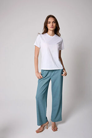 Kadın T-Shirt Beyaz Parçalı Dikiş Detaylı Regular Fit Basic - 2509