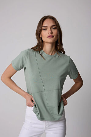 Kadın T-Shirt Su Yeşili Parçalı Dikiş Detaylı Regular Fit Basic - 2509