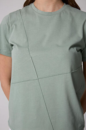Kadın T-Shirt Su Yeşili Parçalı Dikiş Detaylı Regular Fit Basic - 2509