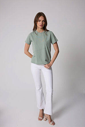 Kadın T-Shirt Su Yeşili Parçalı Dikiş Detaylı Regular Fit Basic - 2509