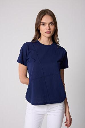 Kadın T-Shirt Lacivert Parçalı Dikiş Detaylı Regular Fit Basic - 2509