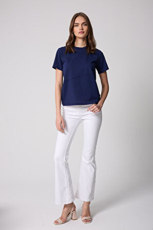 Kadın T-Shirt Lacivert Parçalı Dikiş Detaylı Regular Fit Basic - 2509