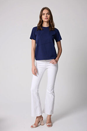 Kadın T-Shirt Lacivert Parçalı Dikiş Detaylı Regular Fit Basic - 2509