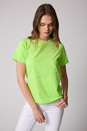 Kadın T-Shirt Neon Yeşili Parçalı Dikiş Detaylı Regular Fit Basic - 2509
