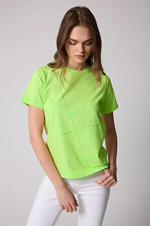 Kadın T-Shirt Neon Yeşili Parçalı Dikiş Detaylı Regular Fit Basic - 2509