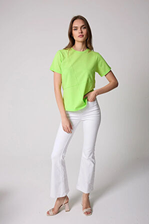 Kadın T-Shirt Neon Yeşili Parçalı Dikiş Detaylı Regular Fit Basic - 2509