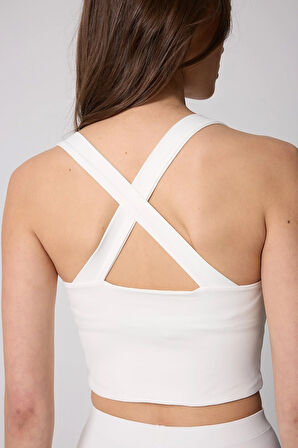 Kadın Crop Top Büstiyer Beyaz Sırtı Çapraz Askılı Slim Fit Basic - 2510
