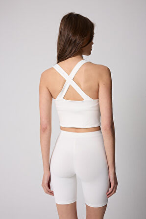 Kadın Crop Top Büstiyer Beyaz Sırtı Çapraz Askılı Slim Fit Basic - 2510
