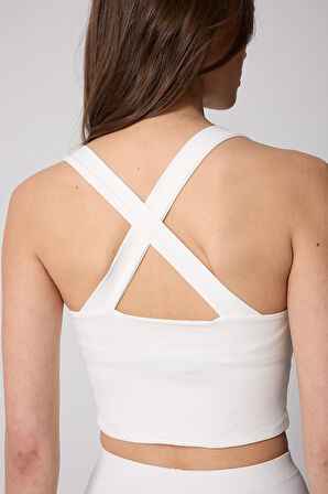 Kadın Crop Top Büstiyer Beyaz Sırtı Çapraz Askılı Slim Fit Basic - 2510