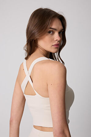 Kadın Crop Top Büstiyer Krem Rengi Sırtı Çapraz Askılı Slim Fit Basic - 2510