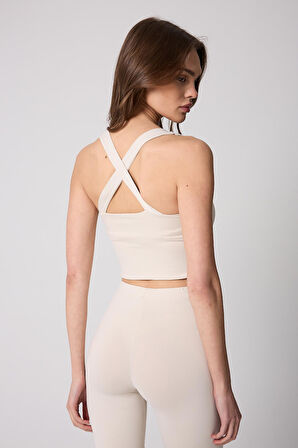 Kadın Crop Top Büstiyer Krem Rengi Sırtı Çapraz Askılı Slim Fit Basic - 2510