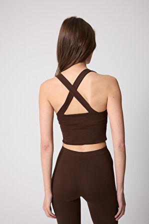 Kadın Crop Top Büstiyer Kahve Rengi Sırtı Çapraz Askılı Slim Fit Basic - 2510