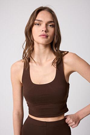 Kadın Crop Top Büstiyer Kahve Rengi Sırtı Çapraz Askılı Slim Fit Basic - 2510