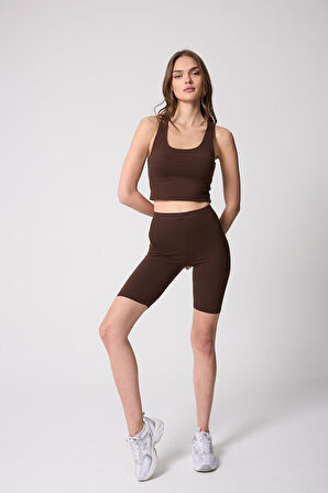 Kadın Crop Top Büstiyer Kahve Rengi Sırtı Çapraz Askılı Slim Fit Basic - 2510
