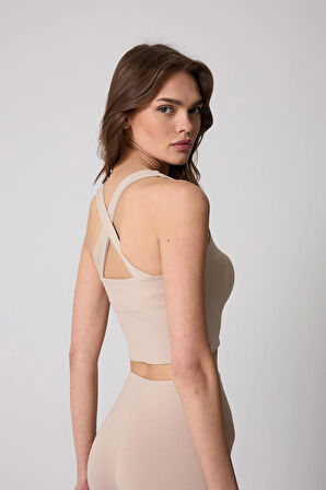 Kadın Crop Top Büstiyer Bej Sırtı Çapraz Askılı Slim Fit Basic - 2510