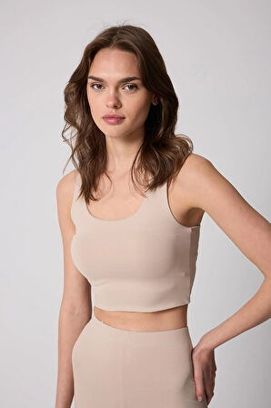 Kadın Crop Top Büstiyer Bej Sırtı Çapraz Askılı Slim Fit Basic - 2510