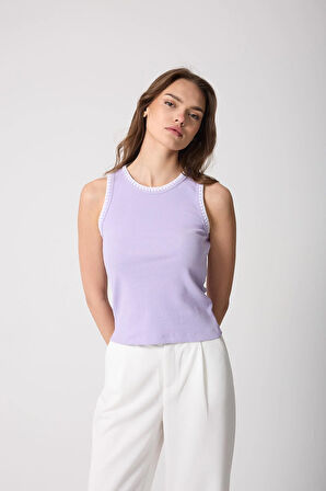 Kadın Lila Halter Yaka Nakış Detaylı Bluz - 2512