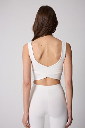 Kadın Beyaz Sırtı Çapraz V Detaylı Likralı Crop Büstiyer - 2514