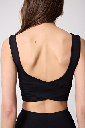 Kadın Siyah Sırtı Çapraz V Detaylı Likralı Crop Büstiyer - 2514