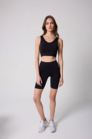 Kadın Siyah Sırtı Çapraz V Detaylı Likralı Crop Büstiyer - 2514