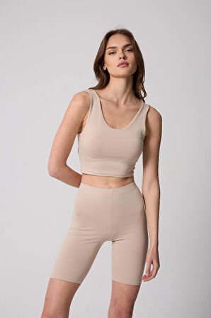 Kadın Bej Sırtı Çapraz V Detaylı Likralı Crop Büstiyer - 2514