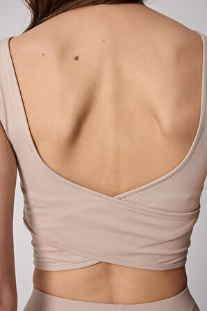 Kadın Bej Sırtı Çapraz V Detaylı Likralı Crop Büstiyer - 2514