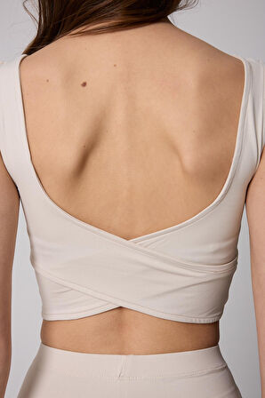 Kadın Krem Rengi Sırtı Çapraz V Detaylı Likralı Crop Büstiyer - 2514