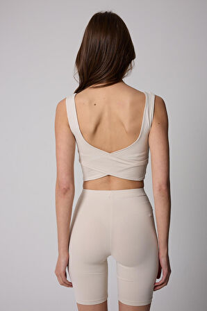 Kadın Krem Rengi Sırtı Çapraz V Detaylı Likralı Crop Büstiyer - 2514