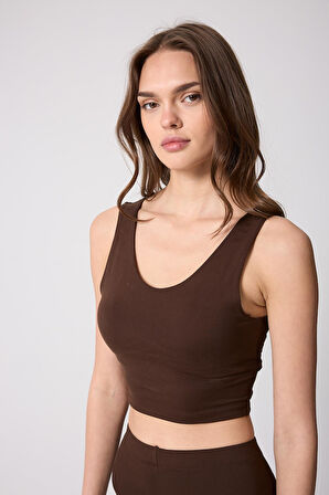 Kadın Kahve Rengi Sırtı Çapraz V Detaylı Likralı Crop Büstiyer - 2514