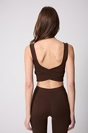 Kadın Kahve Rengi Sırtı Çapraz V Detaylı Likralı Crop Büstiyer - 2514