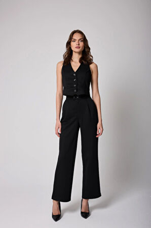 Kadın Siyah Düğmeli Yelek ve Palazzo Pantolon Takım - 2515