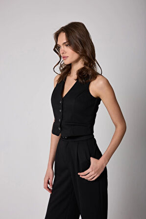 Kadın Siyah Düğmeli Yelek ve Palazzo Pantolon Takım - 2515