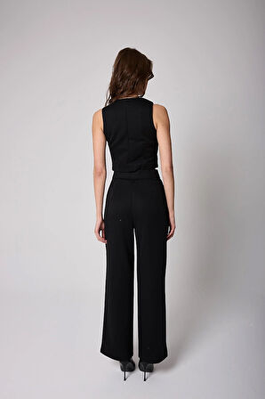 Kadın Siyah Düğmeli Yelek ve Palazzo Pantolon Takım - 2515