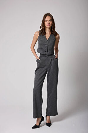 Kadın Antrasit Düğmeli Yelek ve Palazzo Pantolon Takım - 2515