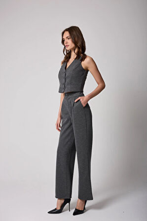 Kadın Antrasit Düğmeli Yelek ve Palazzo Pantolon Takım - 2515