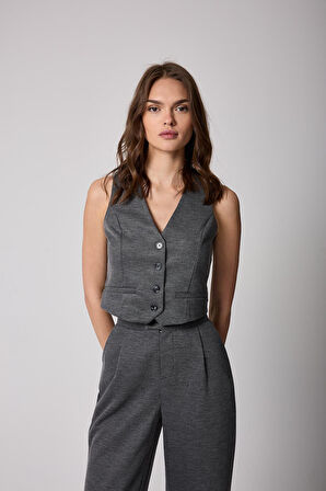 Kadın Antrasit Düğmeli Yelek ve Palazzo Pantolon Takım - 2515