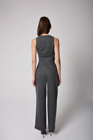 Kadın Antrasit Düğmeli Yelek ve Palazzo Pantolon Takım - 2515