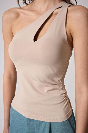 Kadın Bej Modal Karışımlı Dekolteli Asimetrik Bluz - 2516