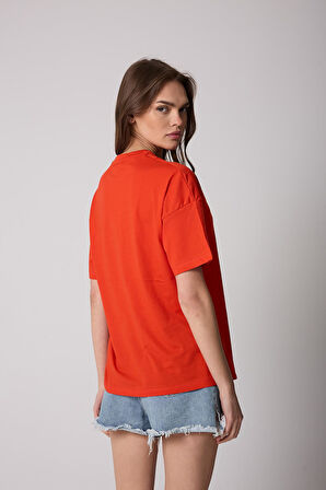 Kadın Kırmızı Oversize T-Shirt California Baskılı - 2517